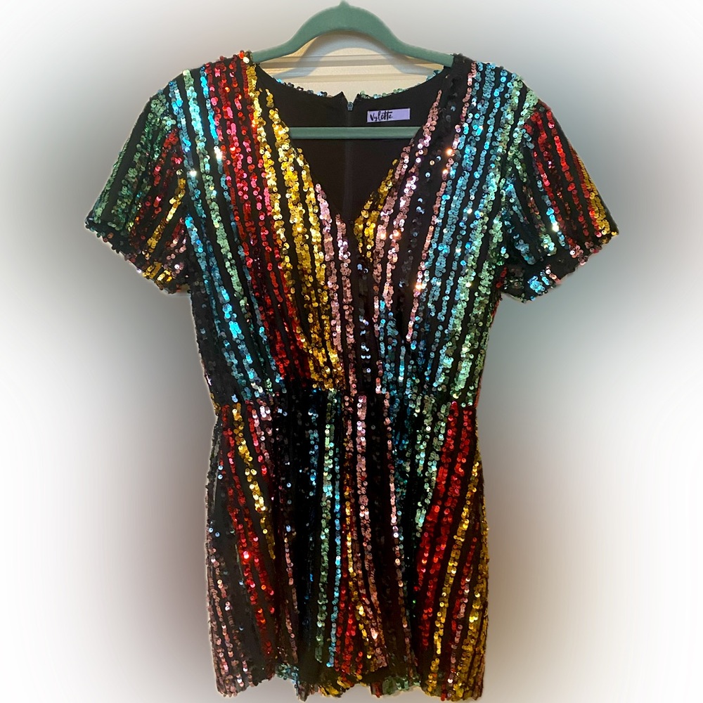 Rainbow sequin stripe party romper play suit holiday formal shorts M